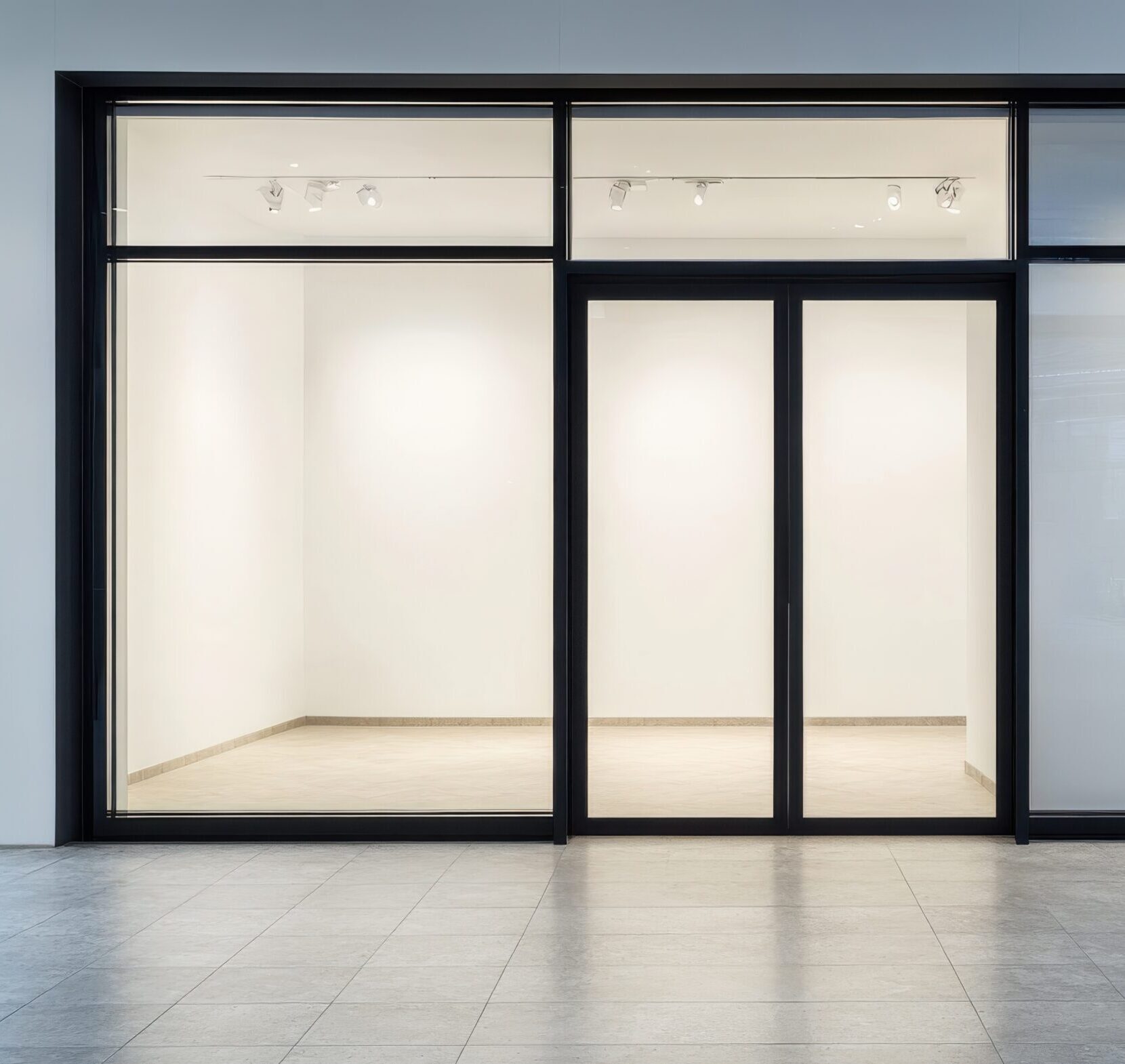 A large window with a black frame and a white background. The window is empty and the store is empty. Empty space for logo or text, mockup A large window with a black frame and a white background. The window is empty and the store is empty. Empty space for logo or text, mockup